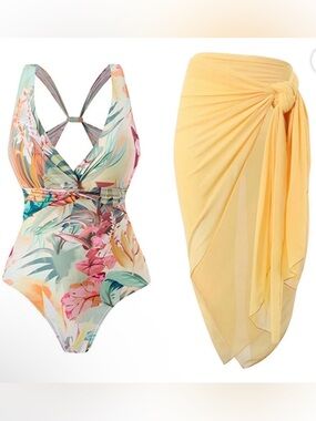 Floral One-Piece Swimsuit with Yellow Sarong - NWOT - Size L